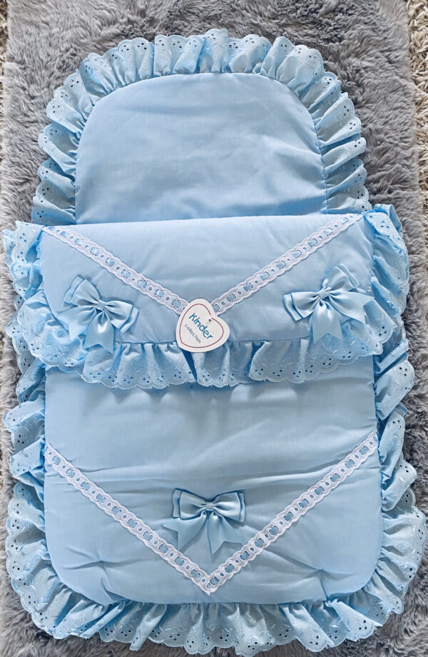 kinder satin bow and lace pram set blue
